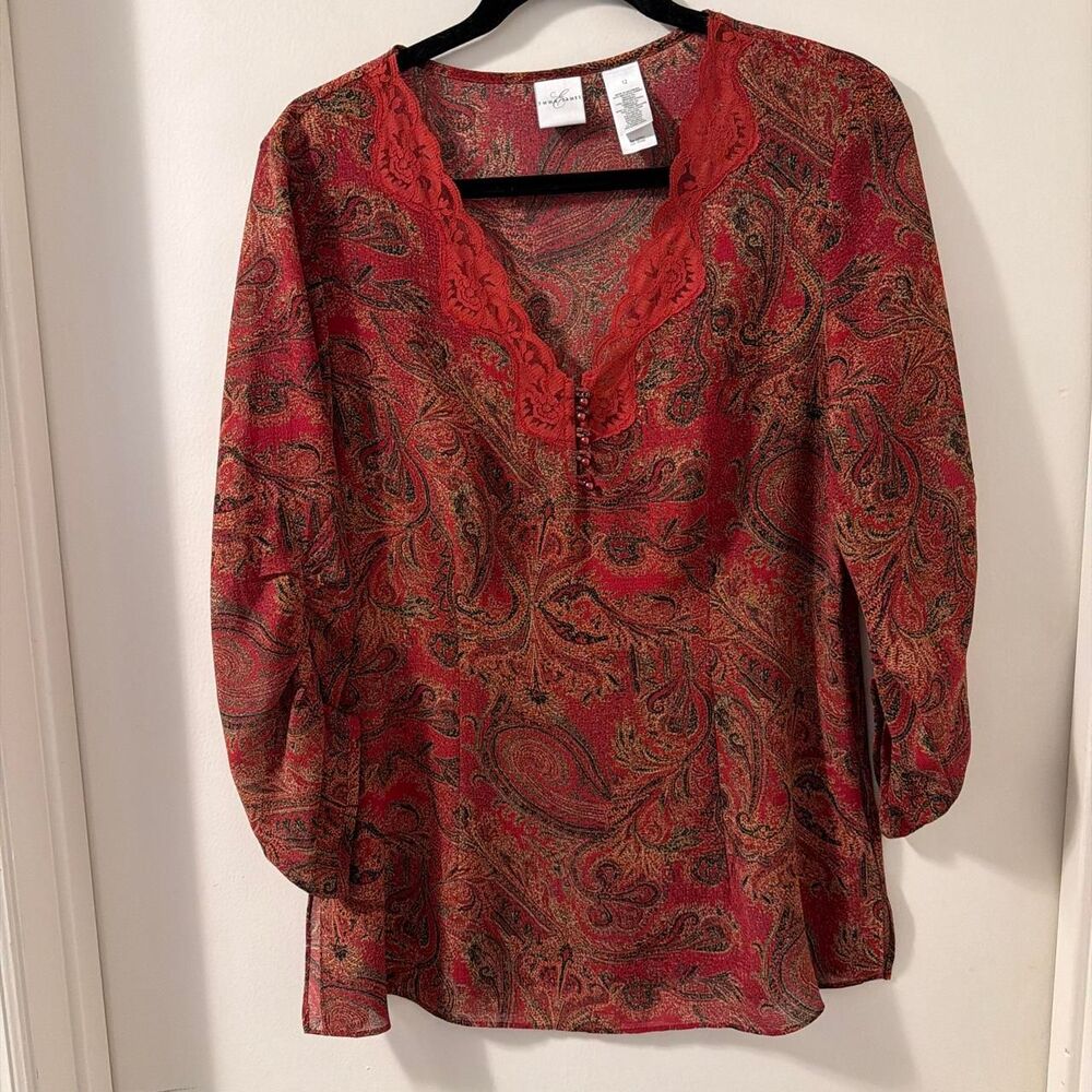 Emma-james Women's Semi Sheer Vintage y2k Paisley Rust V neck Boho Blouse sz12